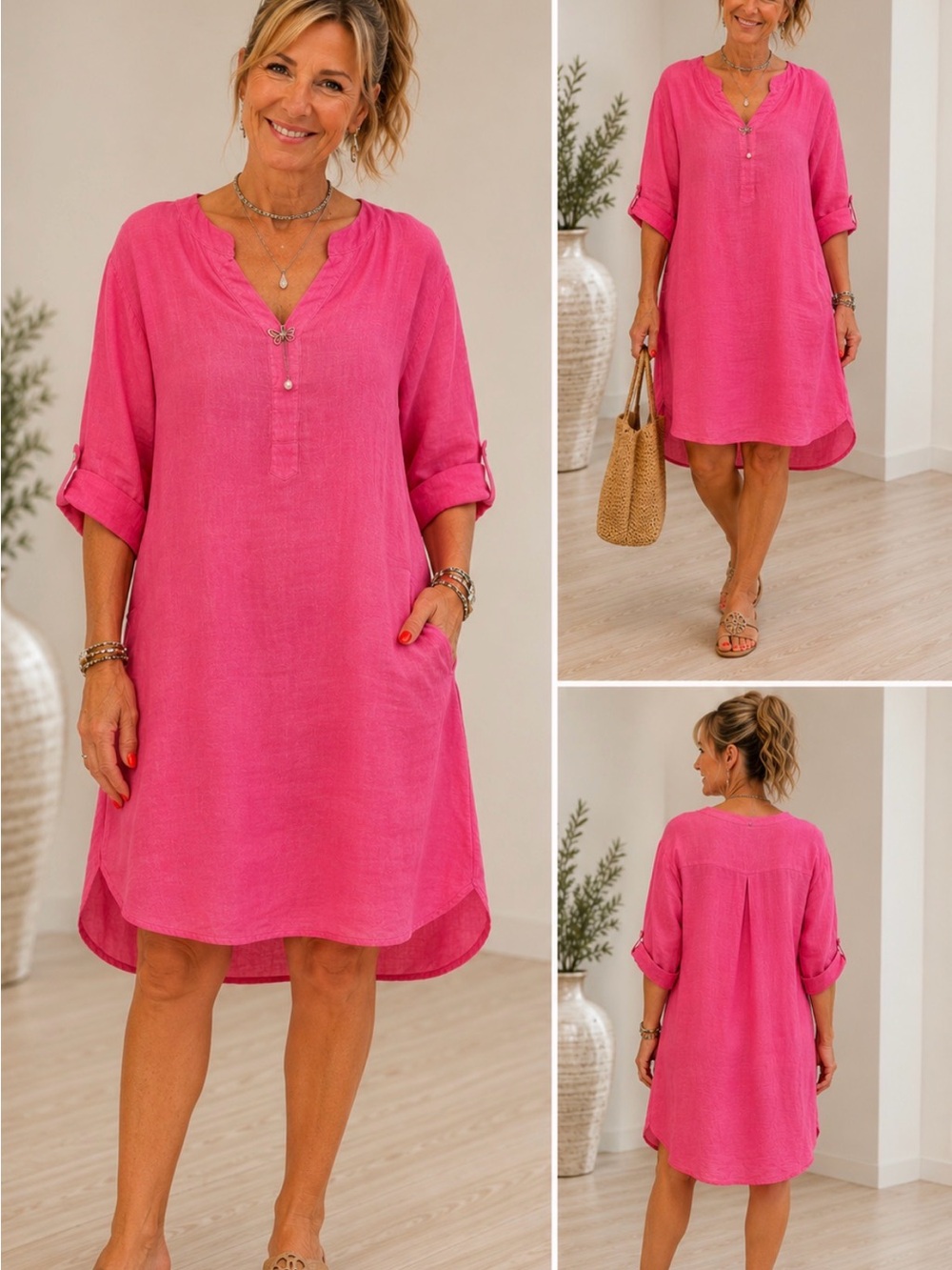 Linen V-Neck Mini Dress in Bright Pink